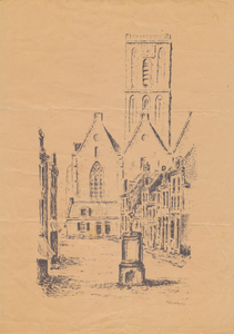 862640 Gezicht door de Waterstraat in Wijk C te Utrecht op de westgevel van de Jacobikerk (Jacobskerkhof). Op de ...